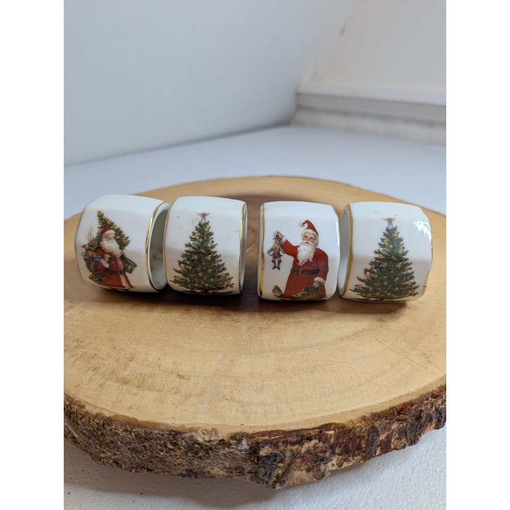 Vintage Set of 4 Porcelain Christmas Napkin Rings With Gold Edges Santa Tree
